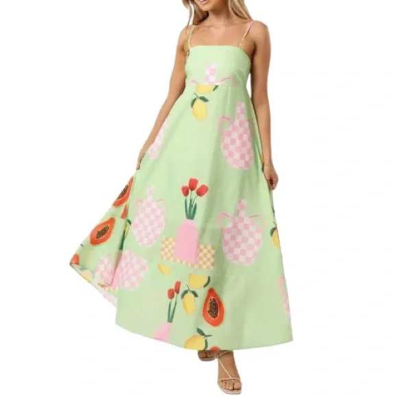 NWT Petal and Pup Women's Brea Green Fruit and Floral Print Maxi Dress Size XL - Picture 4 of 16